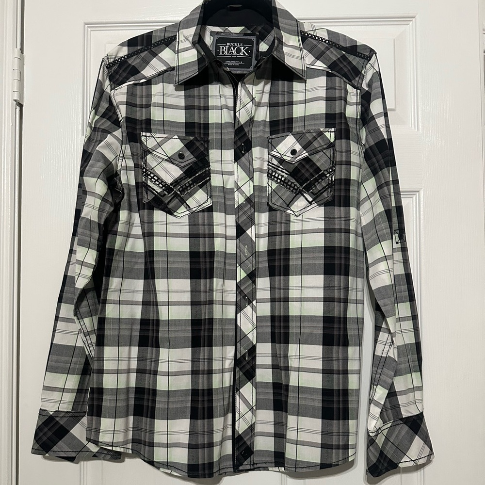 Buckle Athletic Fit Black/White/Green accent Western Plaid Shirt